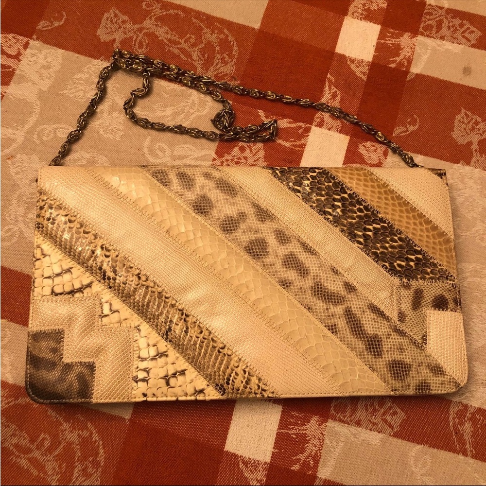Vintage 1980s Bags By Supreme Snake Skin Genuine Leather Ivory Brown Clutch Bag